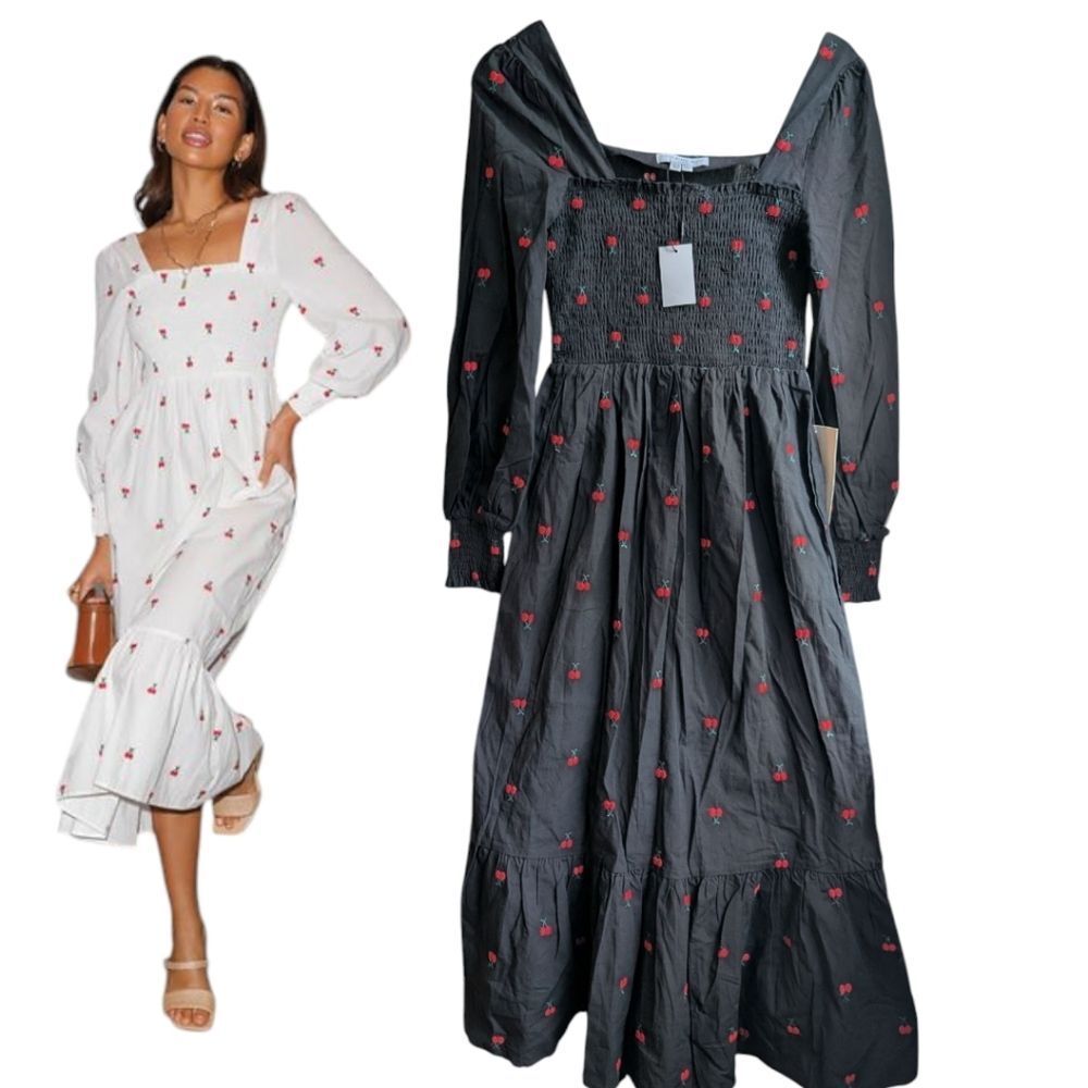 NWT Never Fully Dressed Black shirred smock midi dress cherry Embroidere…
